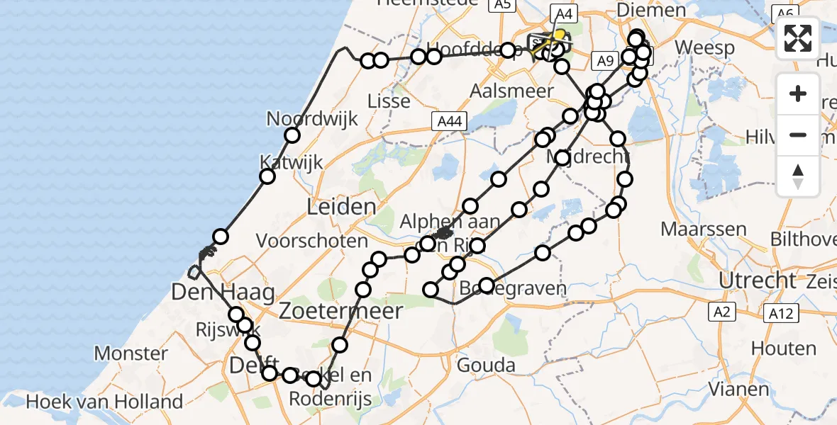 Routekaart van de vlucht: Politieheli naar Schiphol