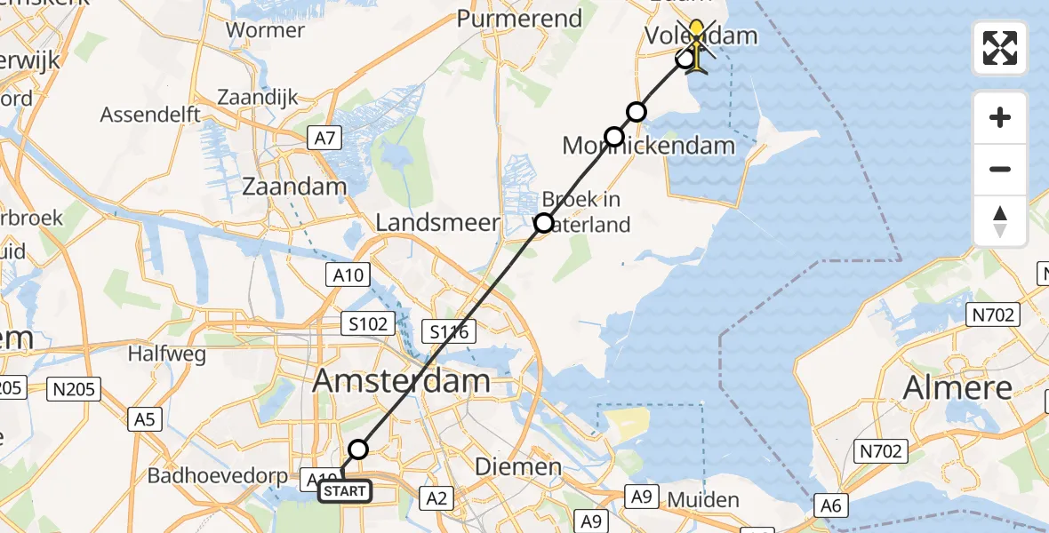 Routekaart van de vlucht: Lifeliner 1 naar Volendam