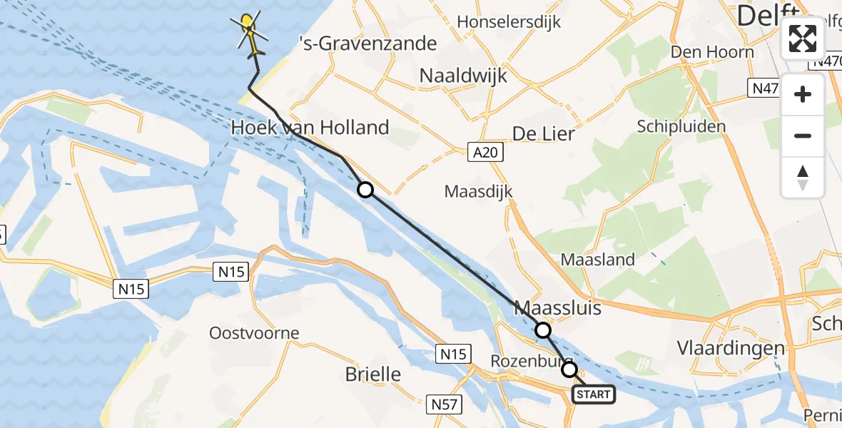 Routekaart van de vlucht: Politiehelikopter naar Hoek van Holland