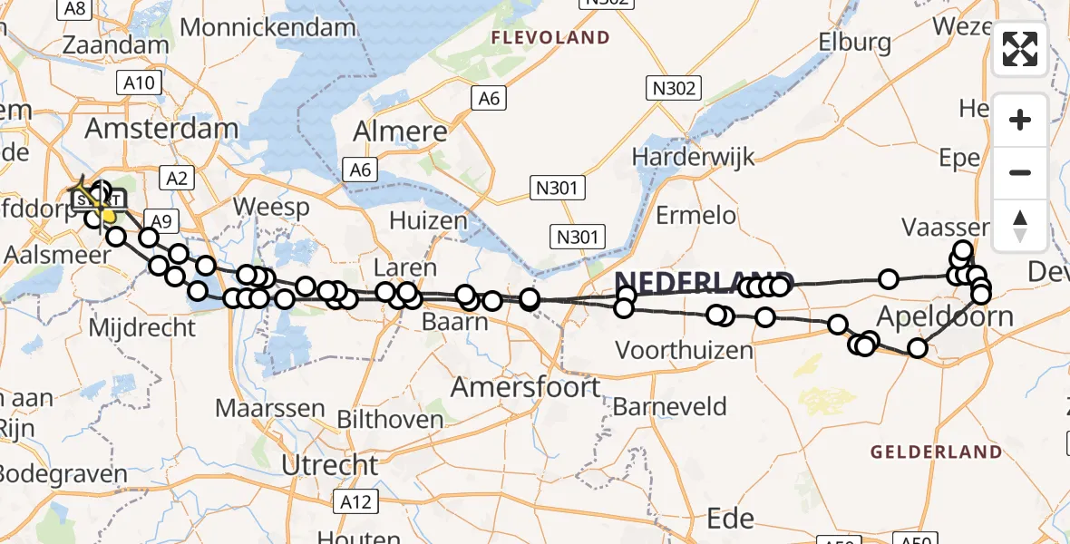 Routekaart van de vlucht: Politieheli naar Schiphol