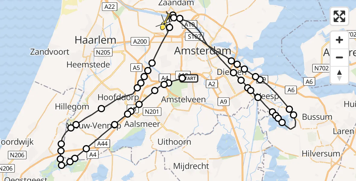 Routekaart van de vlucht: Lifeliner 1 naar Amsterdam Heliport