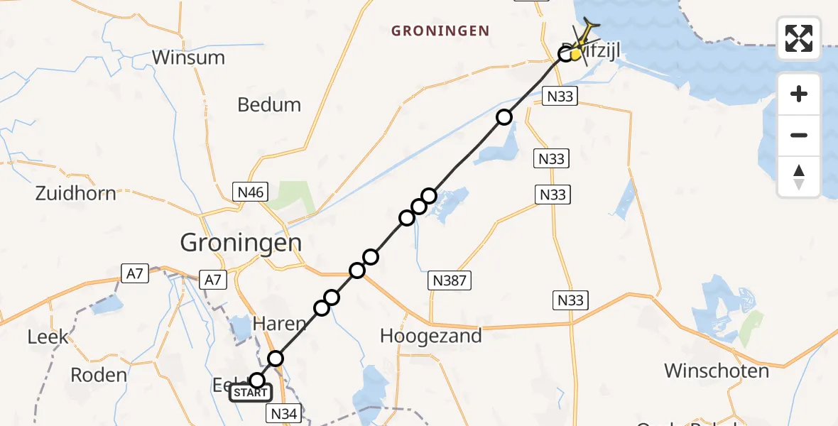 Routekaart van de vlucht: Lifeliner 4 naar Delfzijl