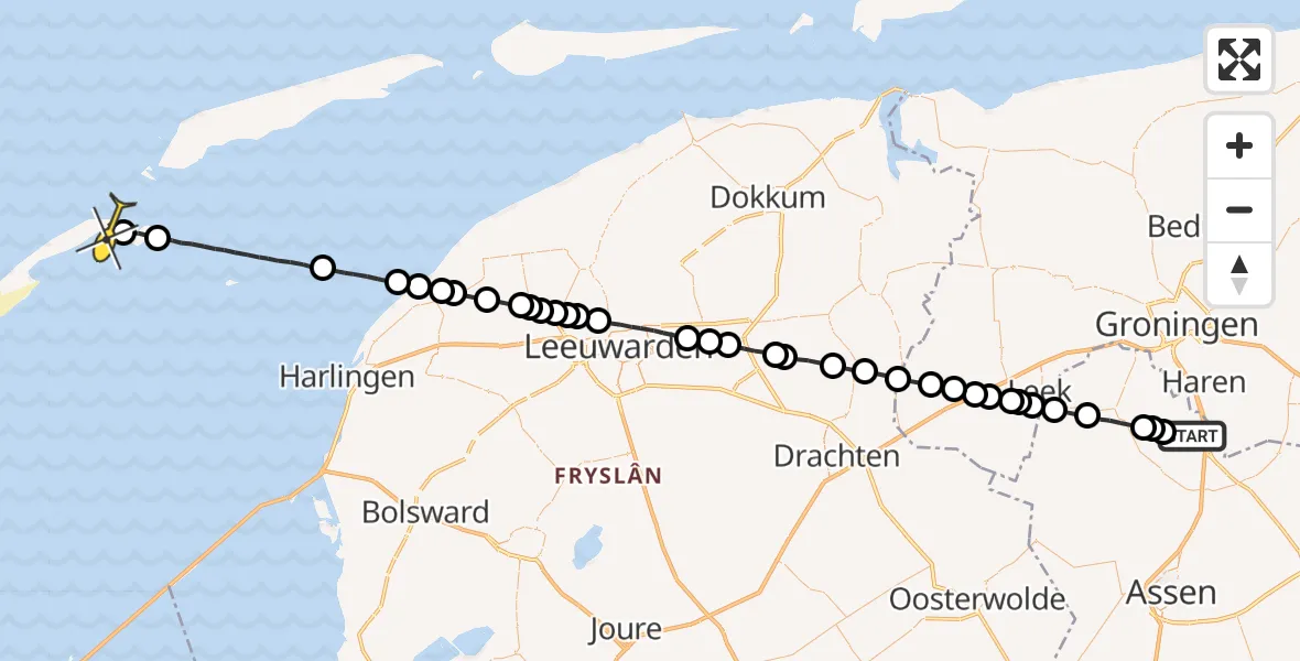 Routekaart van de vlucht: Lifeliner 4 naar Vlieland Heliport