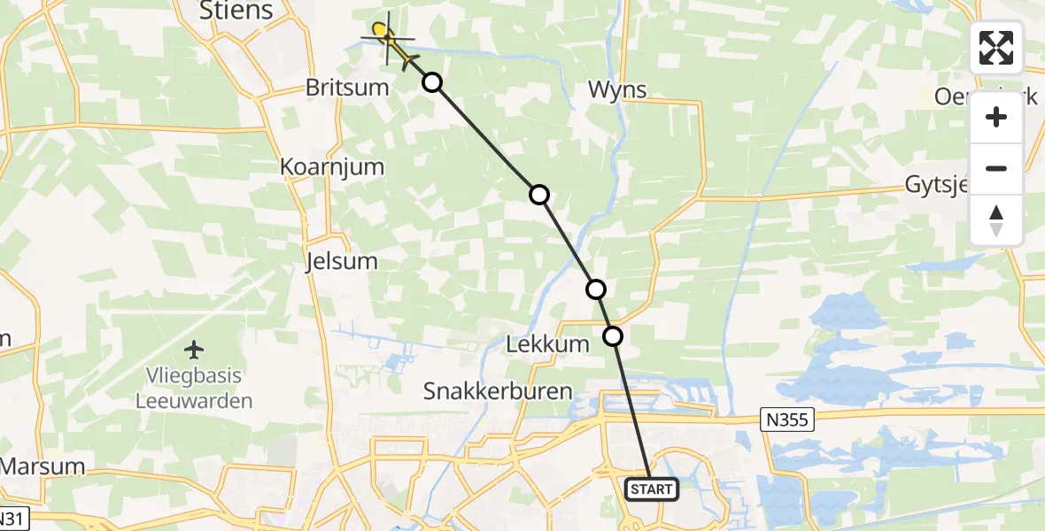 Routekaart van de vlucht: Ambulancehelikopter naar Stiens
