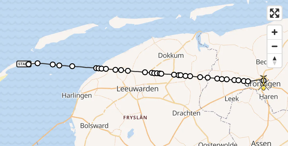 Routekaart van de vlucht: Lifeliner 4 naar Universitair Medisch Centrum Groningen