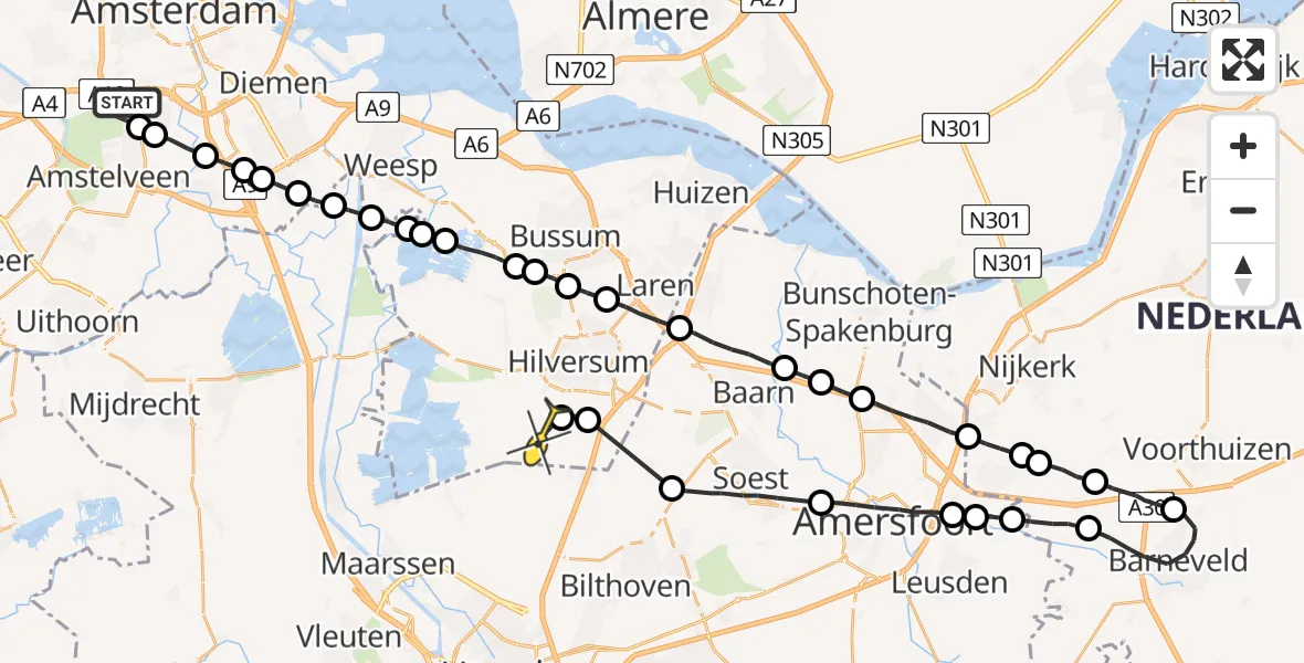 Routekaart van de vlucht: Lifeliner 1 naar Vliegveld Hilversum