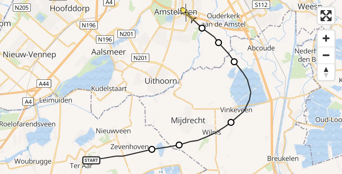 Routekaart van de vlucht: Politieheli naar Amstelveen