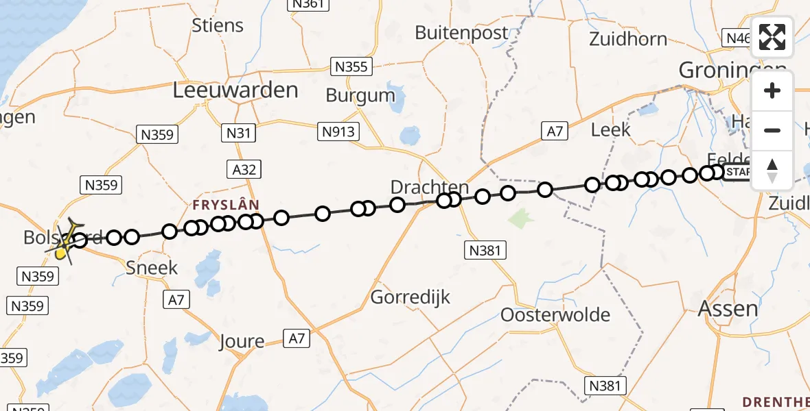 Routekaart van de vlucht: Lifeliner 4 naar Bolsward