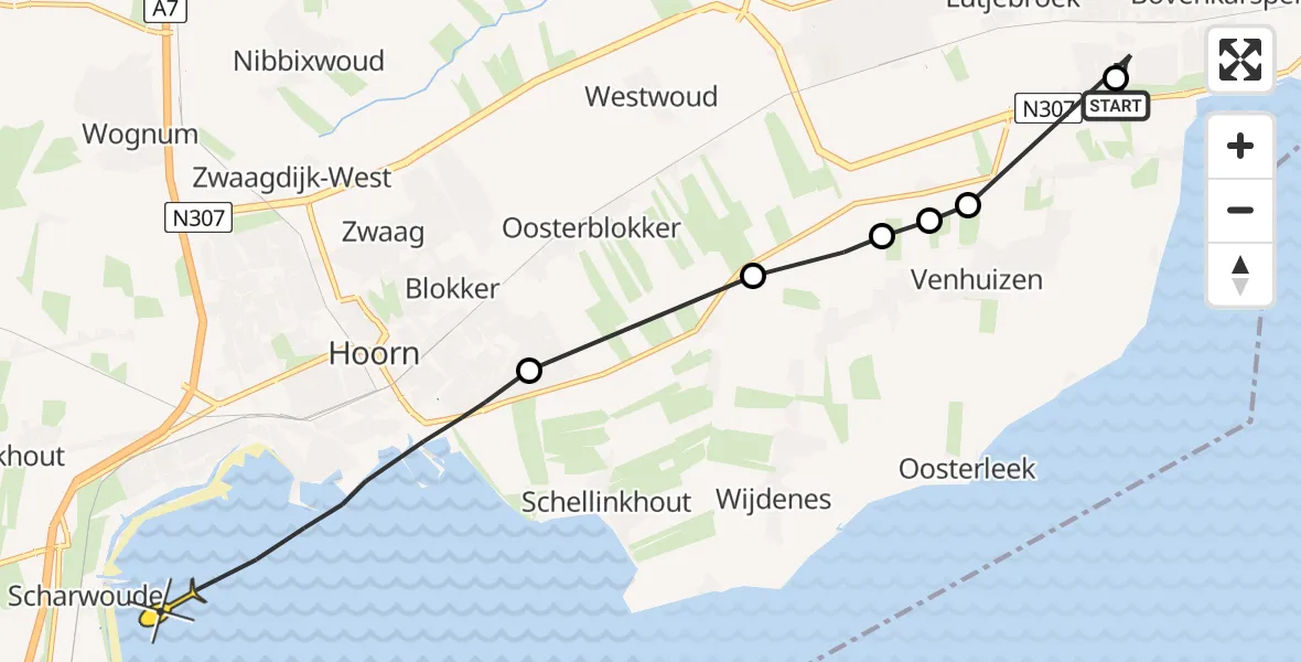 Routekaart van de vlucht: Politieheli naar Hoorn