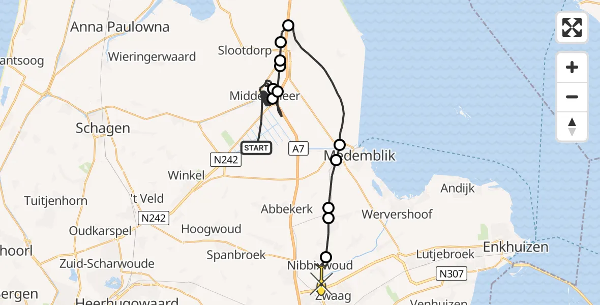 Routekaart van de vlucht: Politiehelikopter naar Zwaagdijk-West