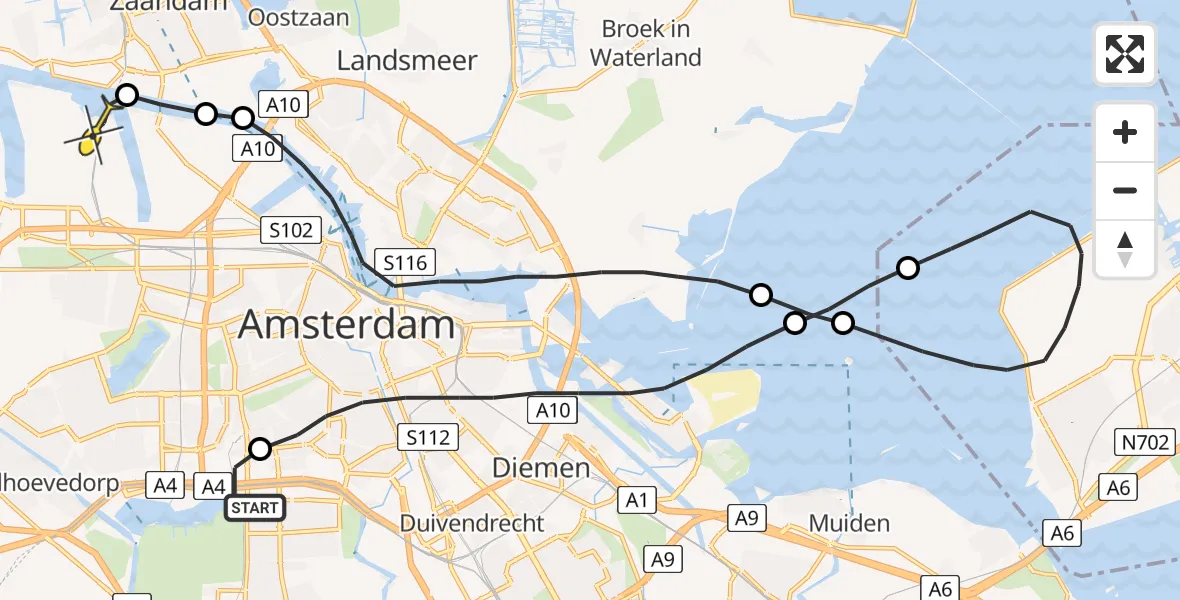 Routekaart van de vlucht: Lifeliner 1 naar Amsterdam Heliport