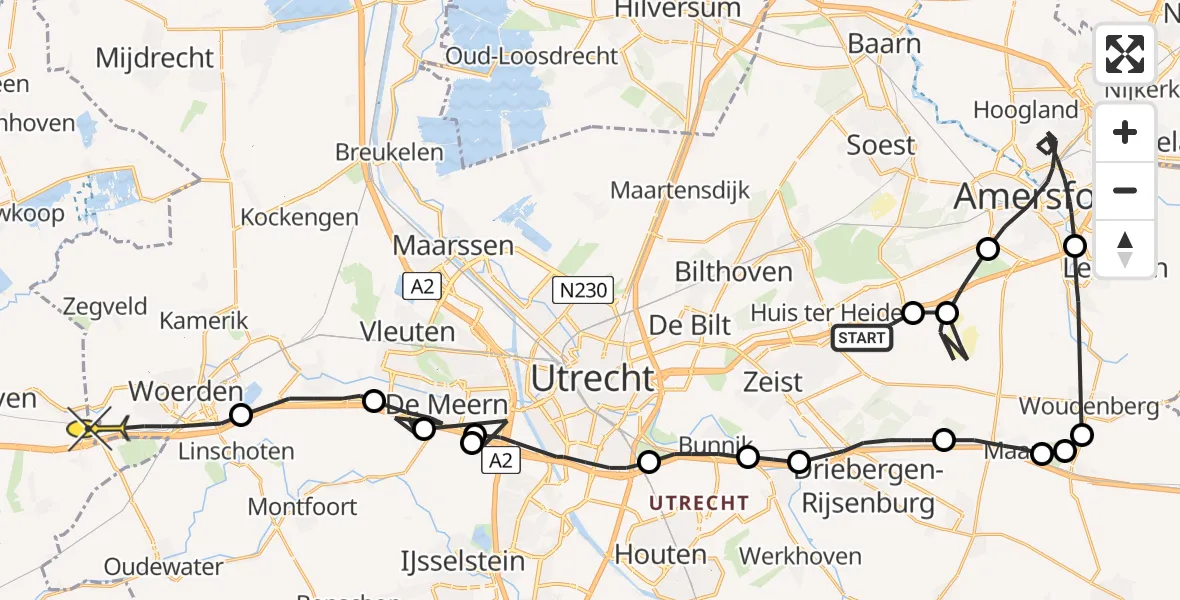 Routekaart van de vlucht: Politiehelikopter naar Nieuwerbrug aan den Rijn