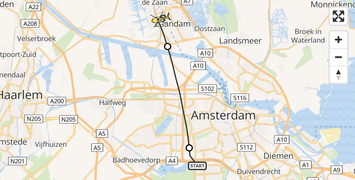 Routekaart van de vlucht: Lifeliner 1 naar Zaandam