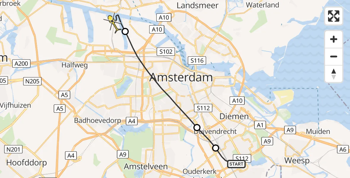 Routekaart van de vlucht: Lifeliner 1 naar Amsterdam Heliport