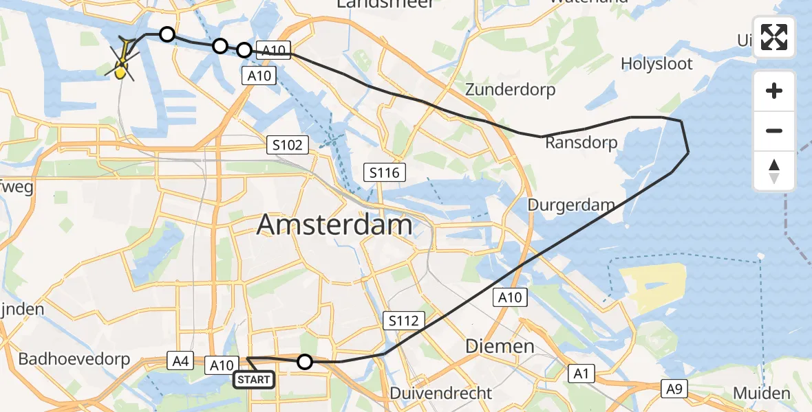 Routekaart van de vlucht: Lifeliner 1 naar Amsterdam Heliport