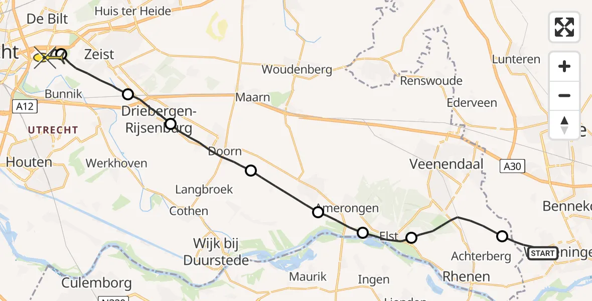 Routekaart van de vlucht: Lifeliner 3 naar Universitair Medisch Centrum Utrecht