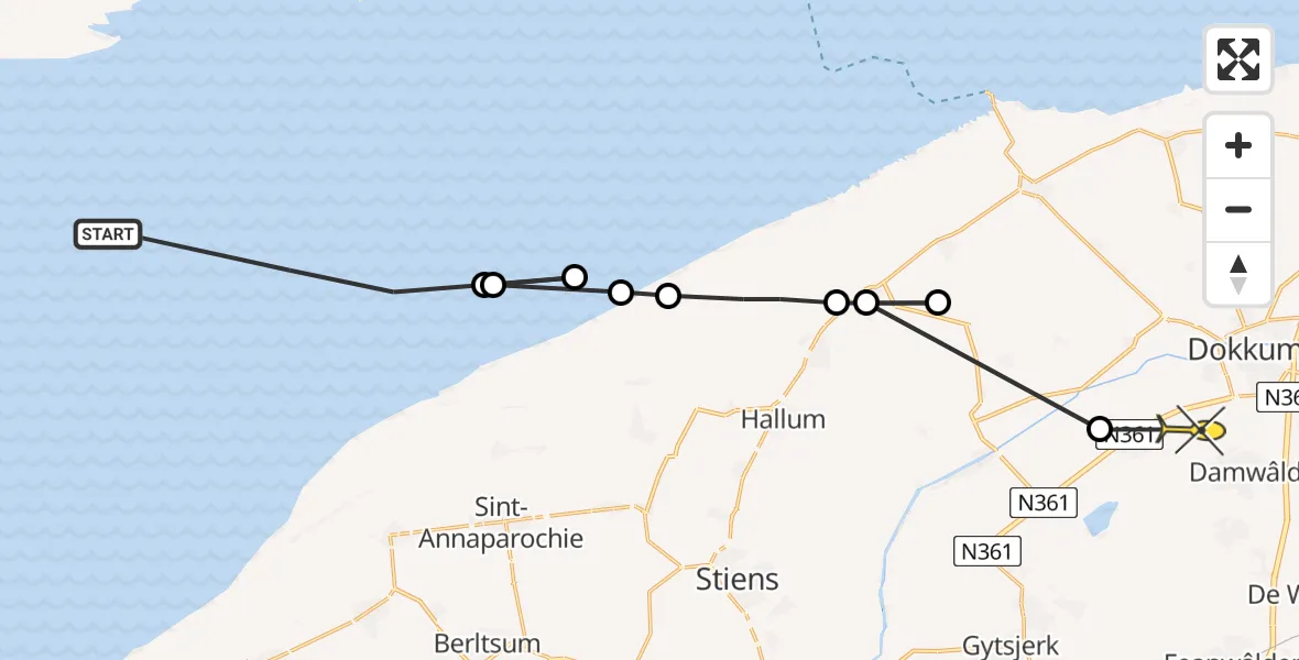 Routekaart van de vlucht: Ambulanceheli naar Damwâld