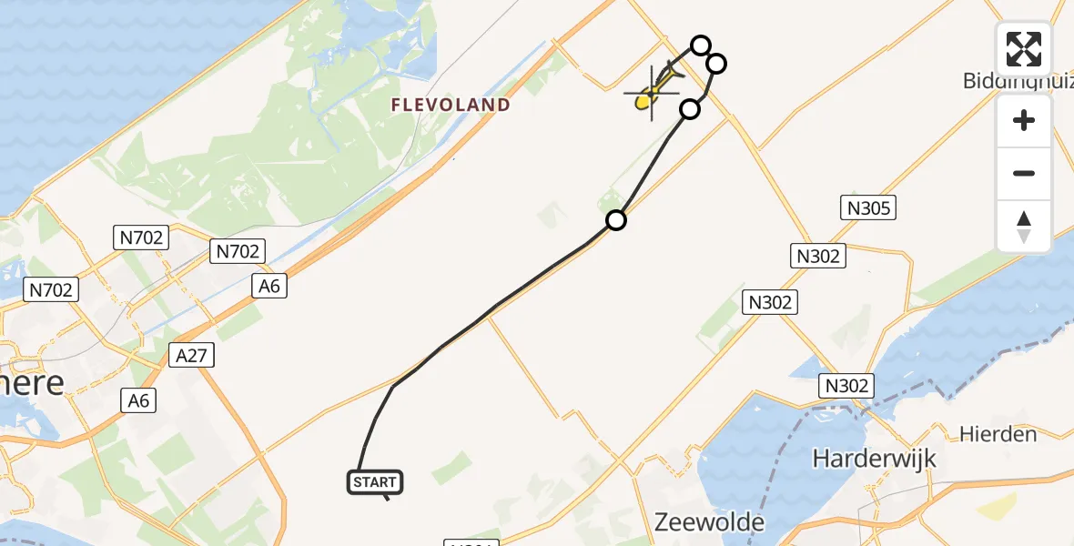 Vluchtroute Traumahelikopter van Zeewolde naar Lelystad Airport