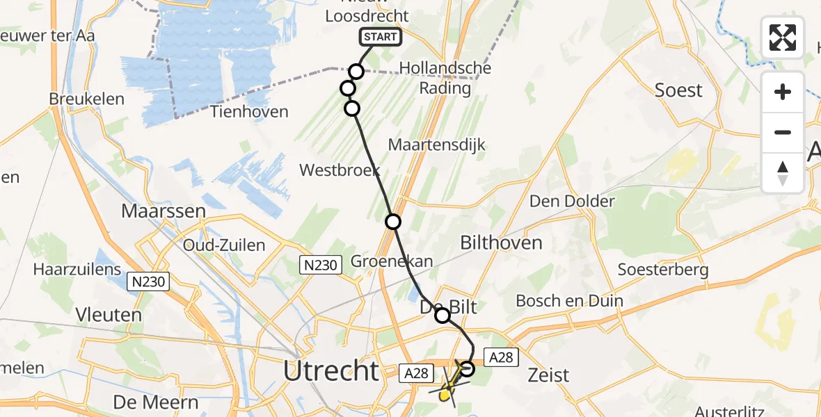 Routekaart van de vlucht: Lifeliner 3 naar Universitair Medisch Centrum Utrecht