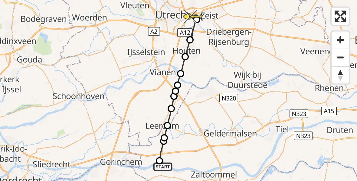 Routekaart van de vlucht: Lifeliner 3 naar Universitair Medisch Centrum Utrecht