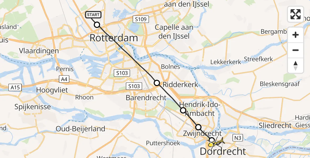 Routekaart van de vlucht: Lifeliner 1 naar Dordrecht