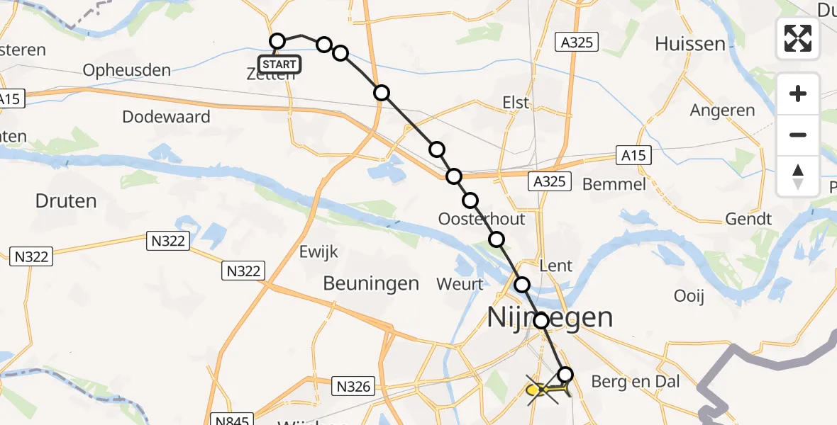 Routekaart van de vlucht: Lifeliner 3 naar Radboud Universitair Medisch Centrum