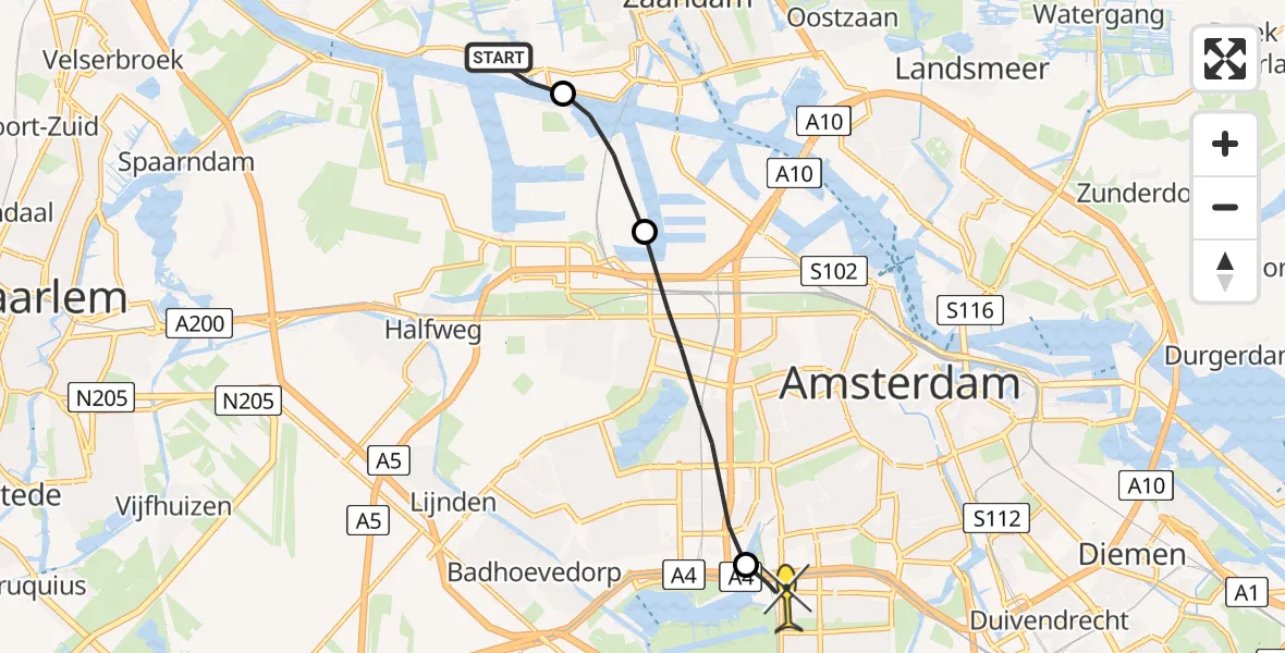 Routekaart van de vlucht: Lifeliner 1 naar VU Medisch Centrum Amsterdam