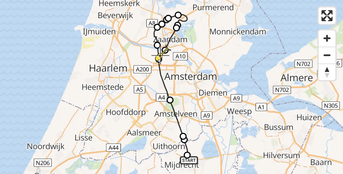 Routekaart van de vlucht: Lifeliner 1 naar Amsterdam Heliport