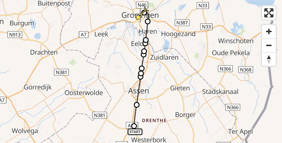 Routekaart van de vlucht: Lifeliner 4 naar Universitair Medisch Centrum Groningen