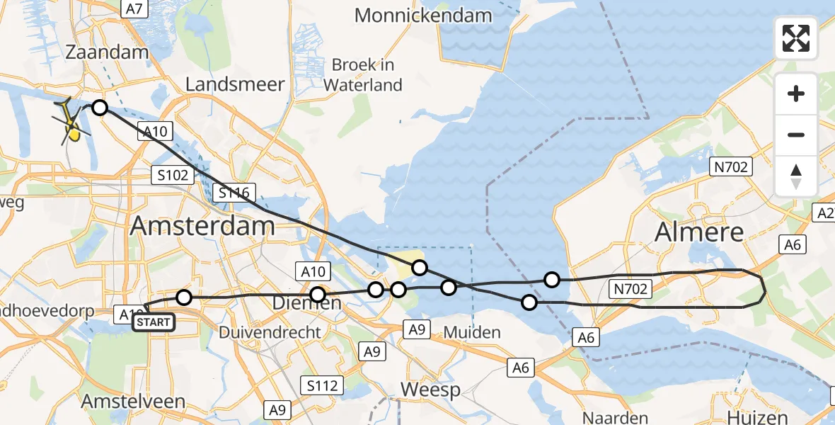 Routekaart van de vlucht: Lifeliner 1 naar Amsterdam Heliport