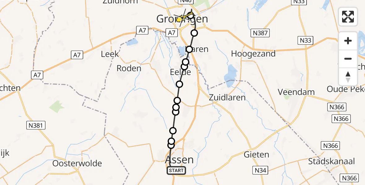 Routekaart van de vlucht: Lifeliner 4 naar Universitair Medisch Centrum Groningen