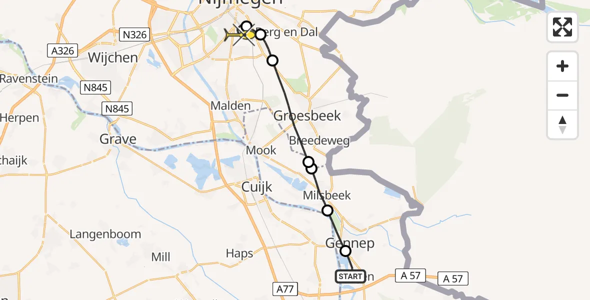 Routekaart van de vlucht: Lifeliner 3 naar Radboud Universitair Medisch Centrum