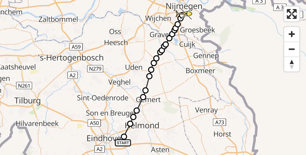 Routekaart van de vlucht: Lifeliner 3 naar Radboud Universitair Medisch Centrum