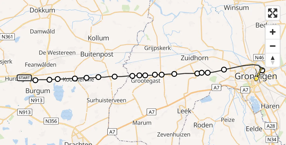 Routekaart van de vlucht: Lifeliner 4 naar Universitair Medisch Centrum Groningen