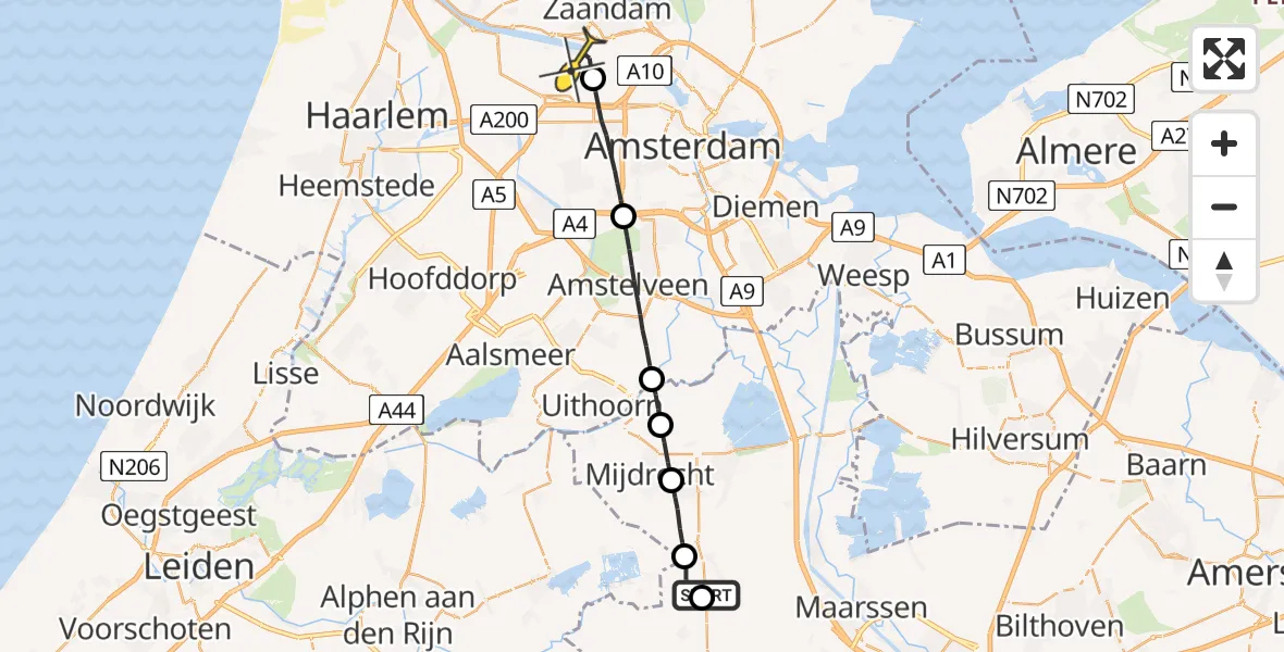 Routekaart van de vlucht: Lifeliner 1 naar Amsterdam Heliport