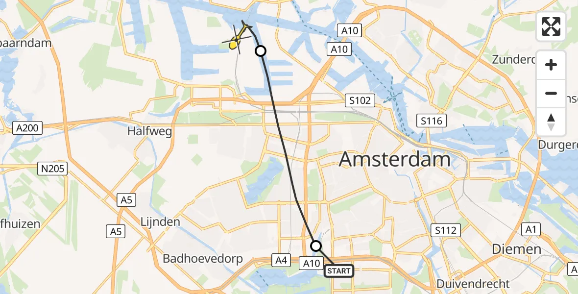 Routekaart van de vlucht: Lifeliner 1 naar Amsterdam Heliport