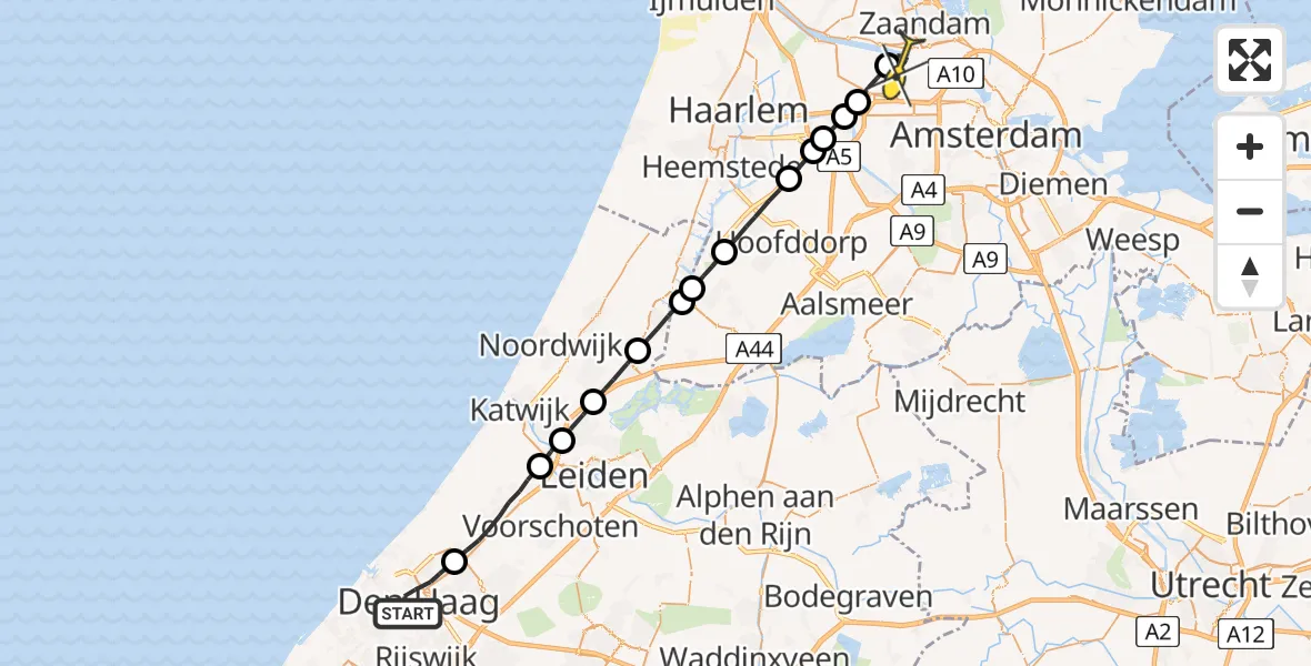 Routekaart van de vlucht: Lifeliner 1 naar Amsterdam Heliport