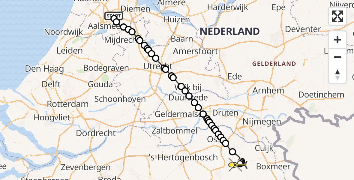 Vluchtroute Politiehelikopter van Schiphol naar Vliegbasis Volkel