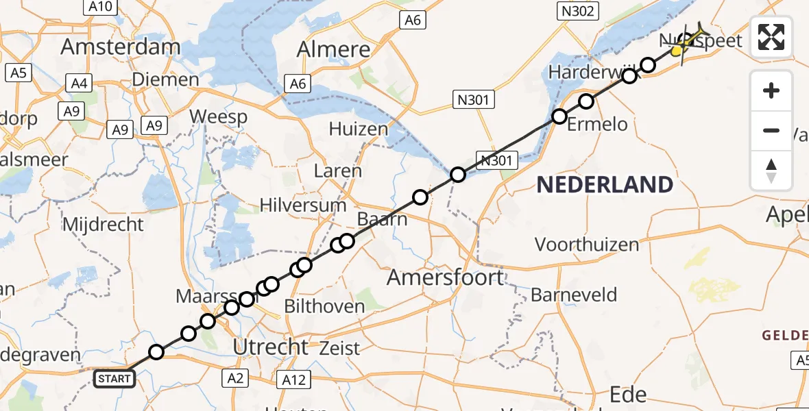 Routekaart van de vlucht: Politieheli naar Nunspeet