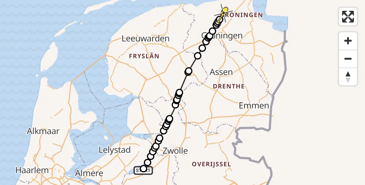 Routekaart van de vlucht: Politieheli naar Onderdendam