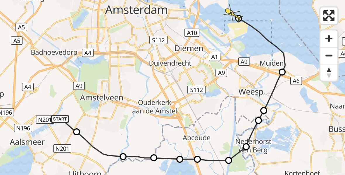 Routekaart van de vlucht: Politieheli naar Amsterdam