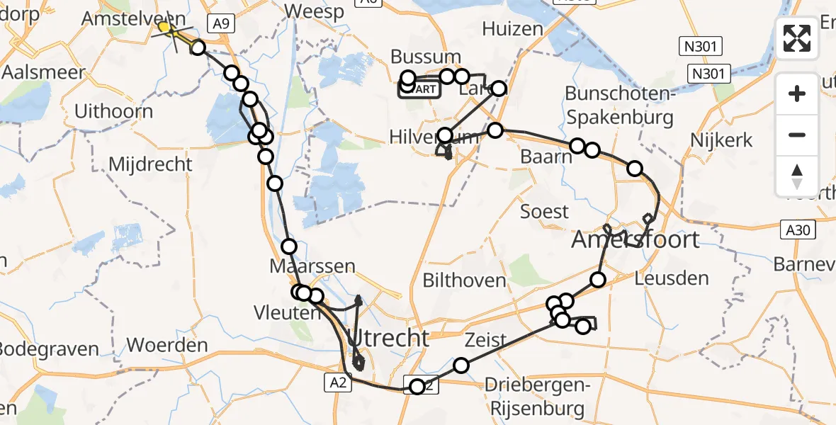 Routekaart van de vlucht: Politiehelikopter naar Ouderkerk aan de Amstel