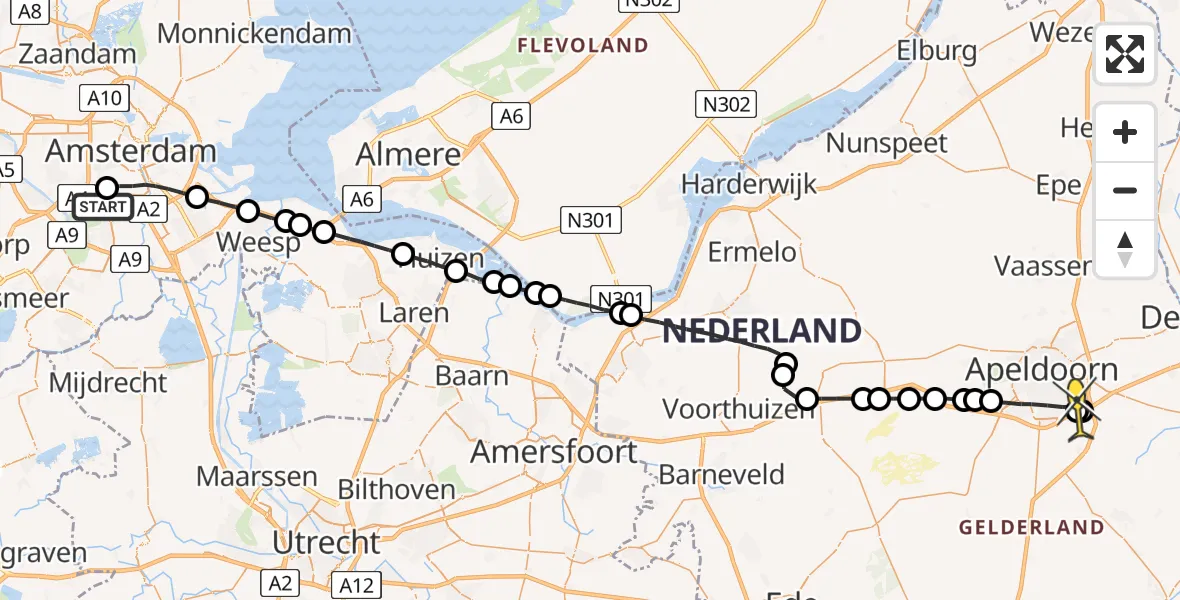 Routekaart van de vlucht: Lifeliner 1 naar Apeldoorn