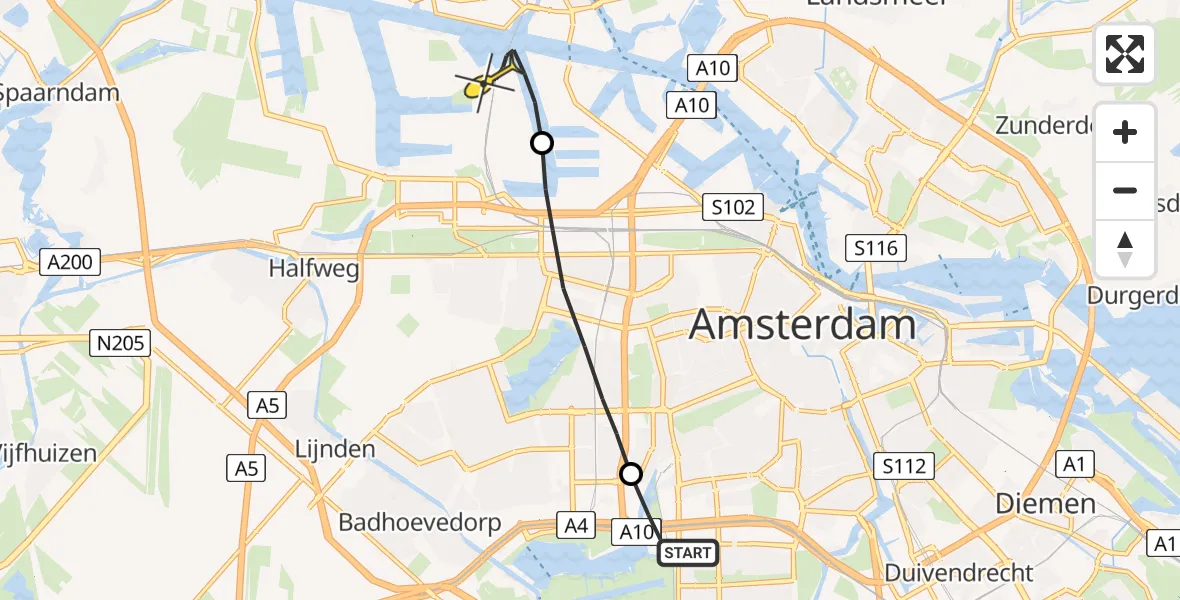 Routekaart van de vlucht: Lifeliner 1 naar Amsterdam Heliport