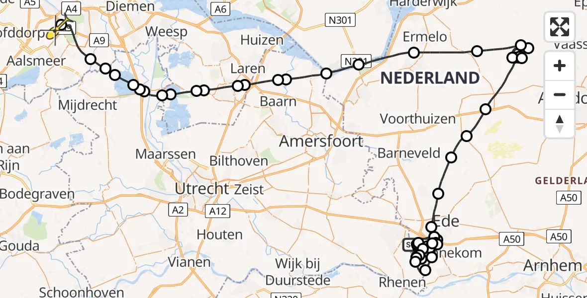 Routekaart van de vlucht: Politieheli naar Schiphol