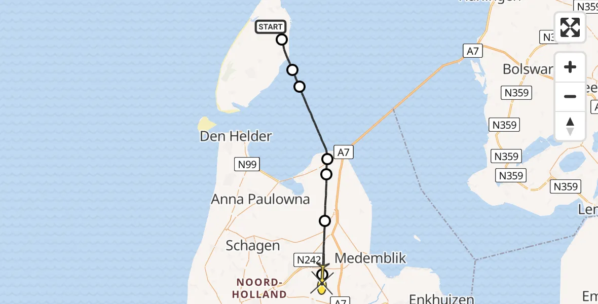 Routekaart van de vlucht: Politiehelikopter naar De Weere