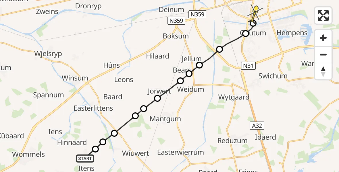 Routekaart van de vlucht: Lifeliner 4 naar Leeuwarden