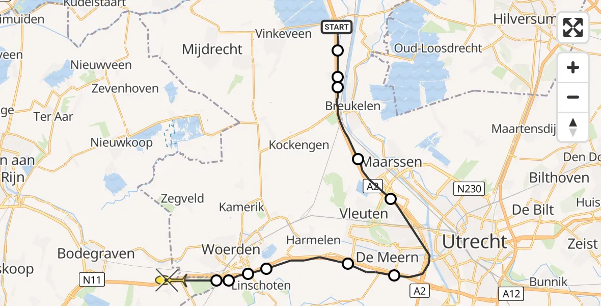 Routekaart van de vlucht: Politieheli naar Nieuwerbrug aan den Rijn