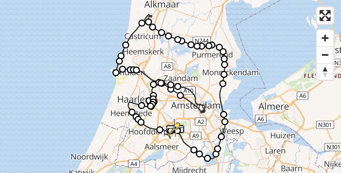 Routekaart van de vlucht: Politieheli naar Schiphol