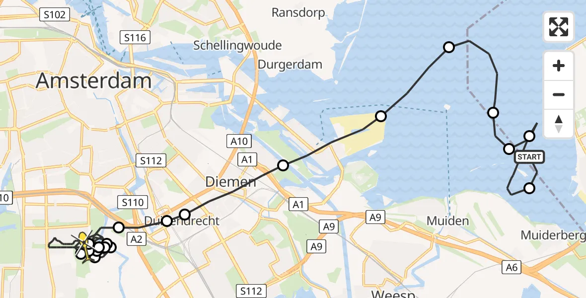 Routekaart van de vlucht: Politieheli naar Amsterdam